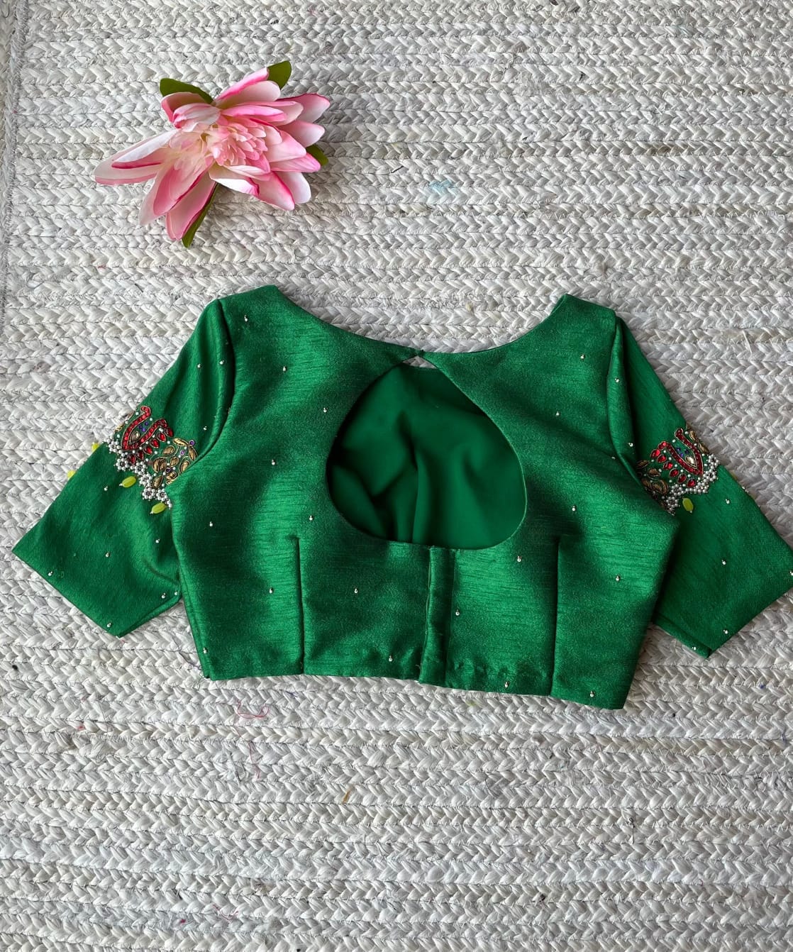 Green Silk Blouse with Embellished Sleeves & Keyhole Back Design
