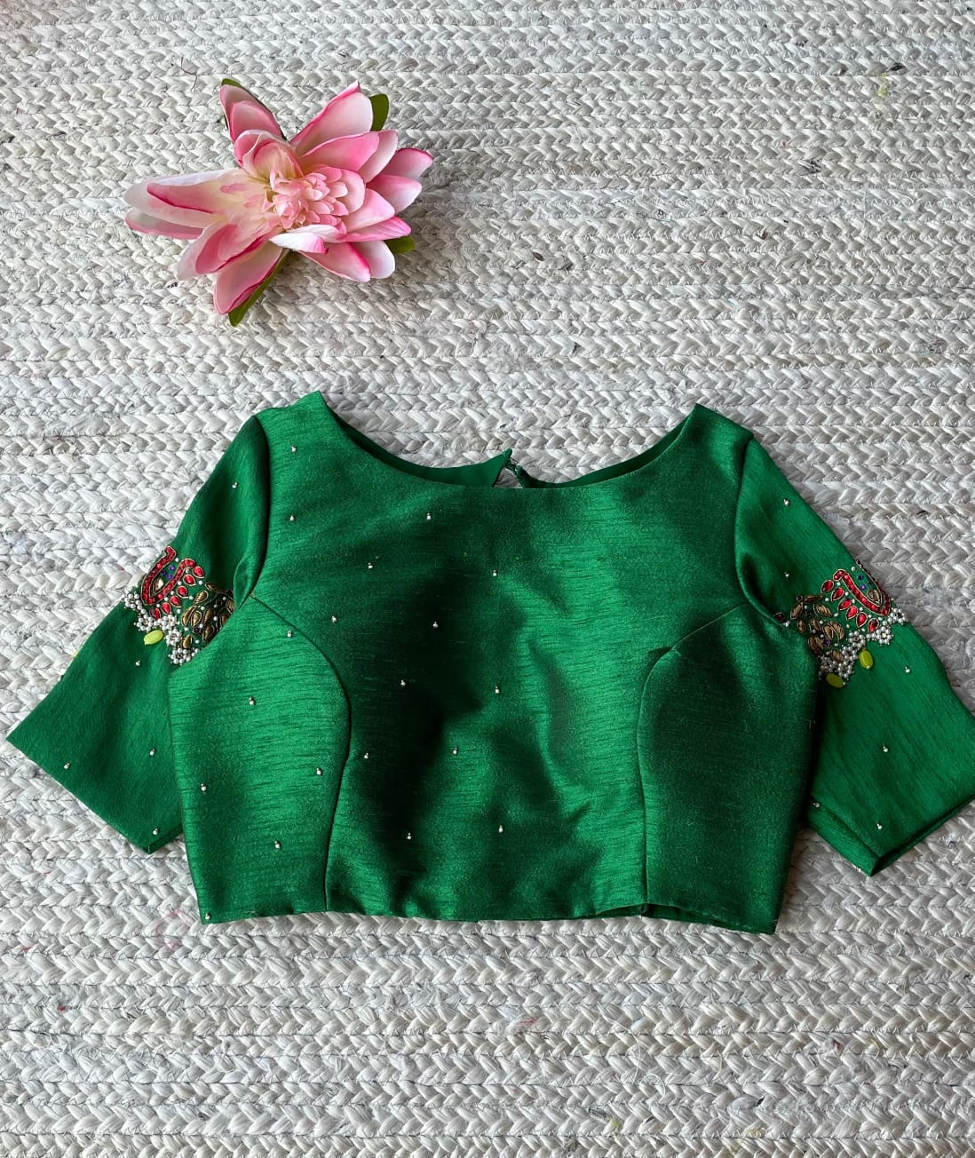Green Silk Blouse with Embellished Sleeves & Keyhole Back Design