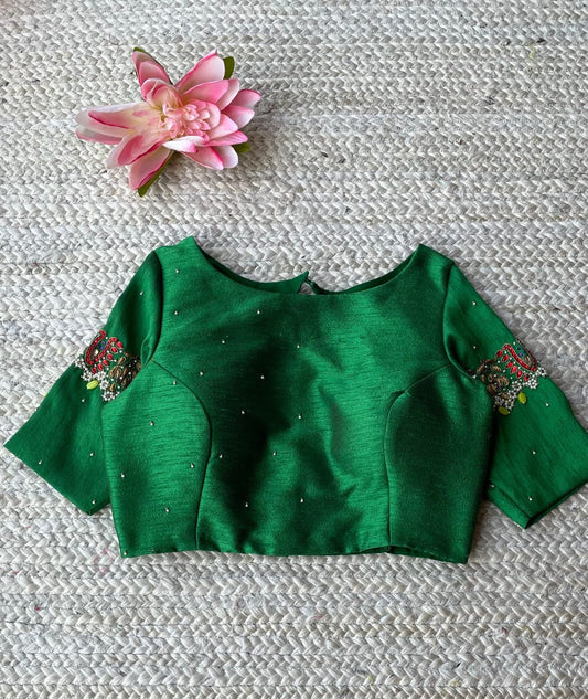 Green Silk Blouse with Embellished Sleeves & Keyhole Back Design