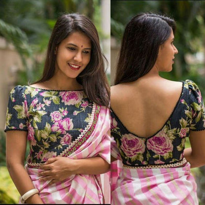 Black Floral Printed Boat Neck Blouse with Deep Back Design