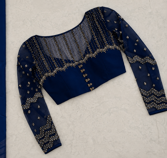 Royal Blue Designer Net Yoke Blouse with Stone Work