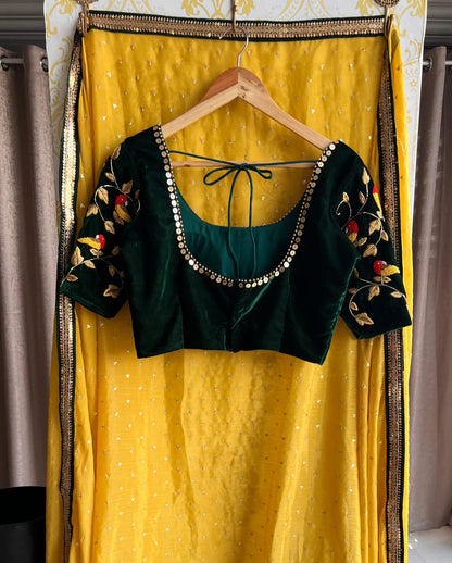 Green Velvet Blouse with Bird Embroidered Sleeves & Mirror Neckline