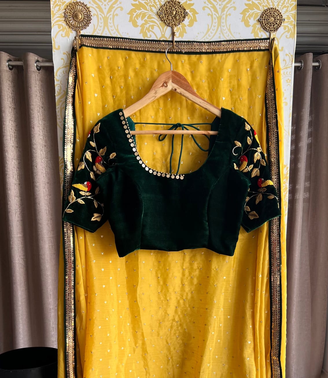 Green Velvet Blouse with Bird Embroidered Sleeves & Mirror Neckline
