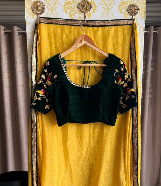 Green Velvet Blouse with Bird Embroidered Sleeves & Mirror Neckline