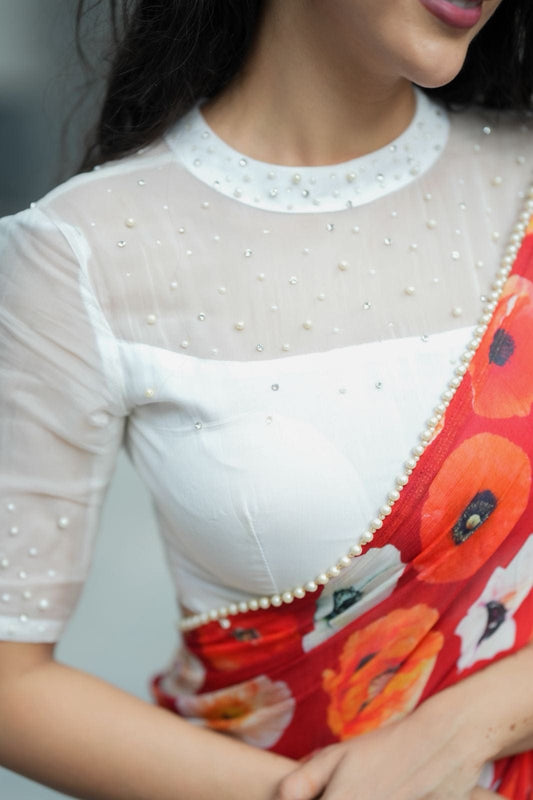 Buy This Ivory Sheer Pearl Embellished High-Neck Blouse