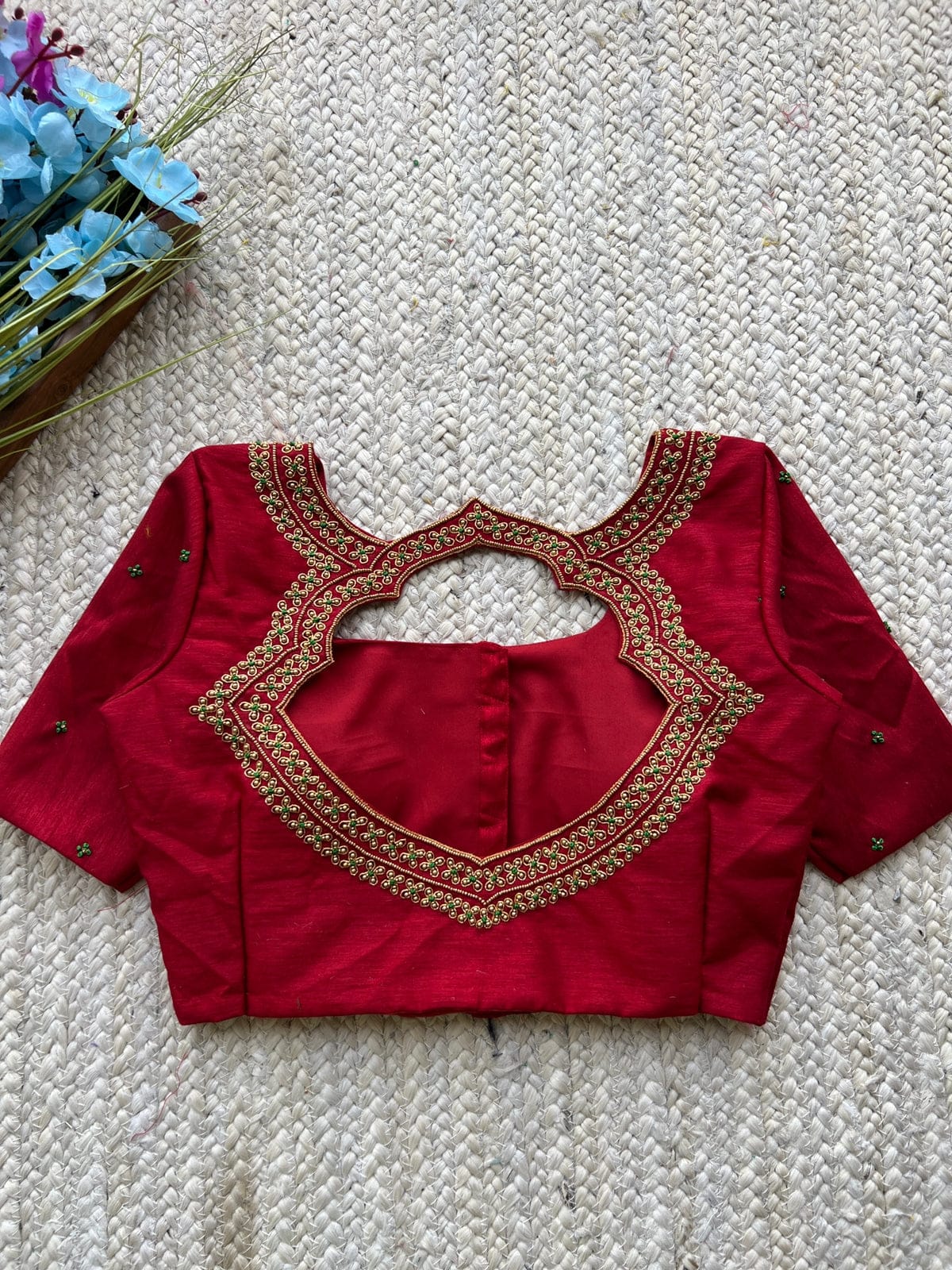 Royal Red Heart-Cut Embroidered Silk Blouse