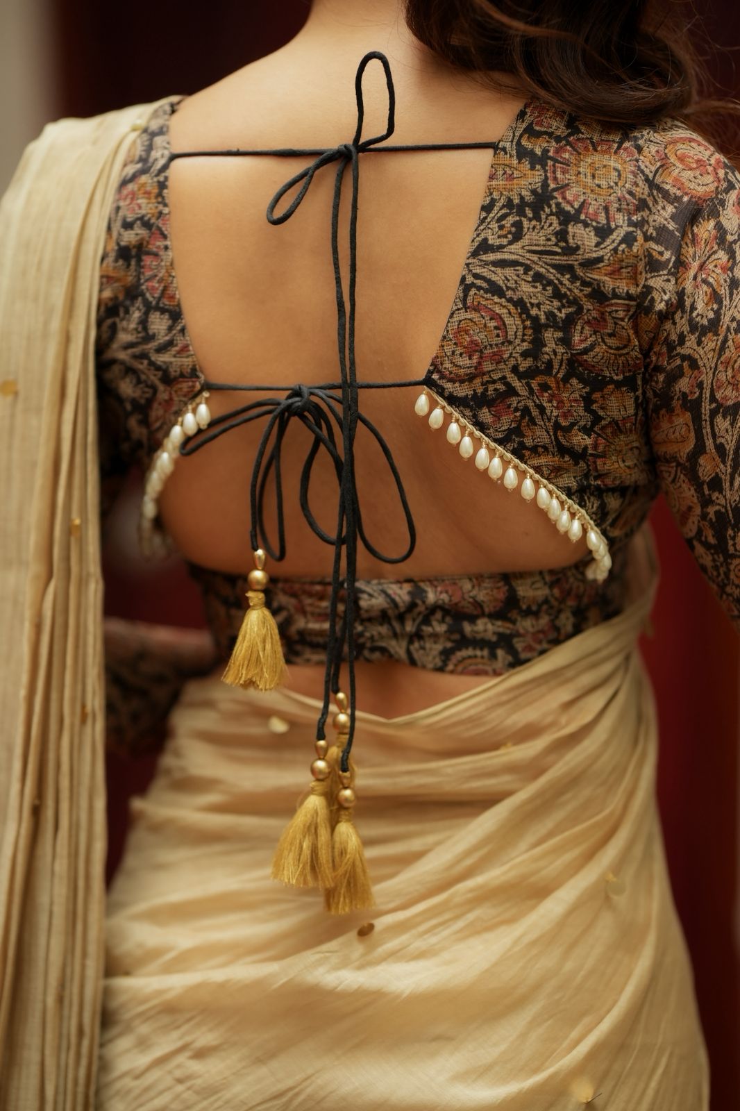 Vintage Print Tie-Up Back Blouse with Pearl Tassel Detailing
