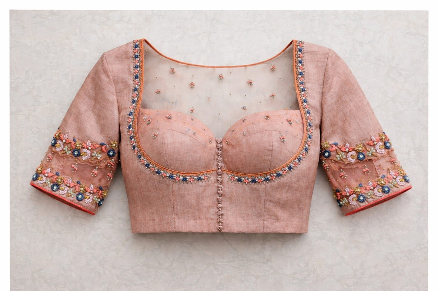 Peach Floral Embroidered Illusion Neck Designer Blouse