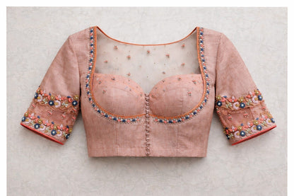 Peach Floral Embroidered Illusion Neck Designer Blouse