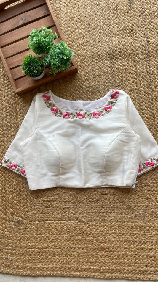 Elegant Ivory Floral Embroidered Cut-Out Back Blouse