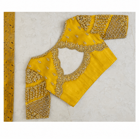Sunshine Yellow Bridal Silk Blouse with Heavy Hand Embroidery & Designer Cut-Out Back