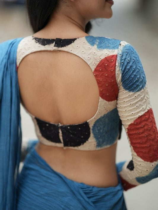 Abstract Polka Dot Embroidered Blouse with Statement Round Back Cut-Out