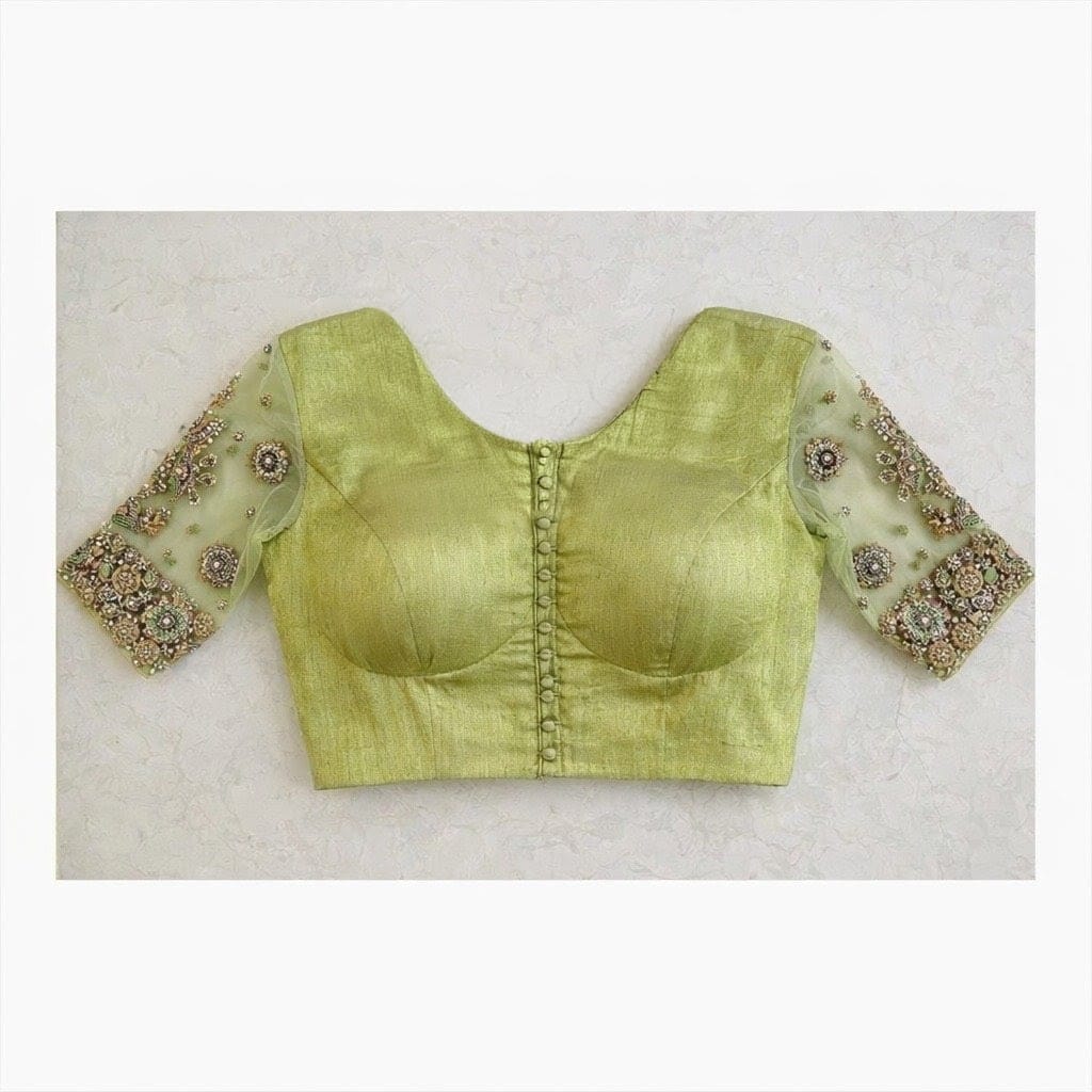 Pista Green Designer Silk Blouse with Sheer Embroidered Sleeves & Keyhole Back Neck