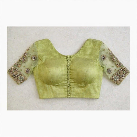 Pista Green Designer Silk Blouse with Sheer Embroidered Sleeves & Keyhole Back Neck
