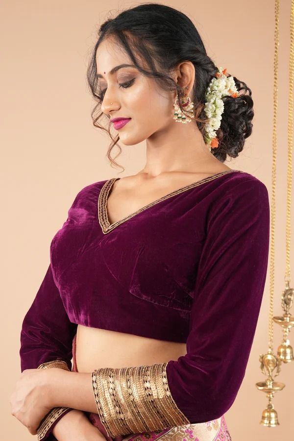 Buy Velvet V-Back Blouse with Zari Sleeve Detailing