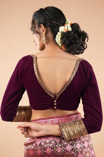 Buy Velvet V-Back Blouse with Zari Sleeve Detailing