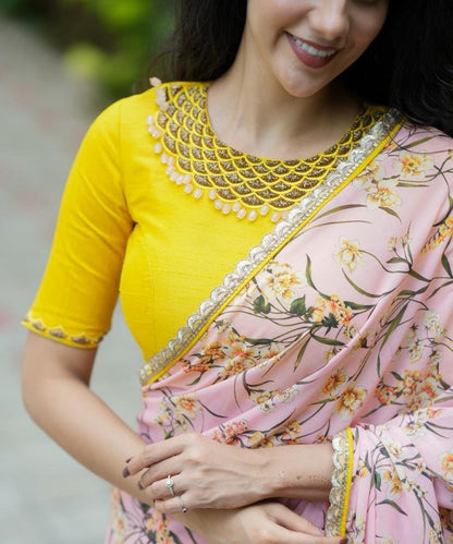 Buy Yellow Embellished Neckline Blouse with Pearl Detailing