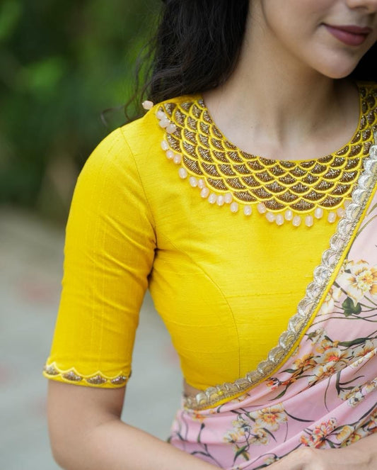 Buy Yellow Embellished Neckline Blouse with Pearl Detailing