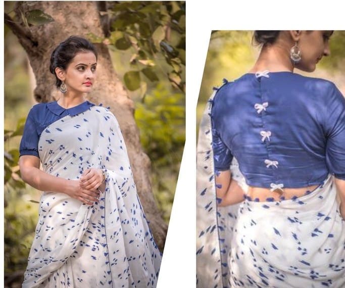 Classic Indigo Blue Blouse with Bow Tie Back Detailing