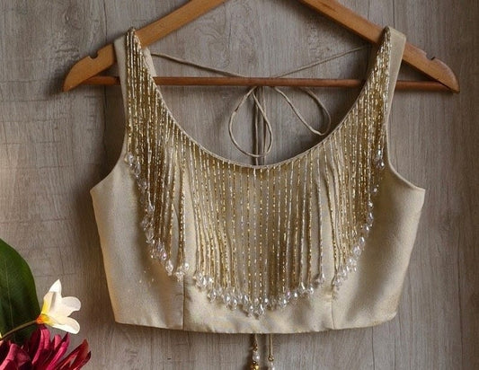 Champagne Gold Fringe Tassel Designer Blouse for Party & Cocktail Wear