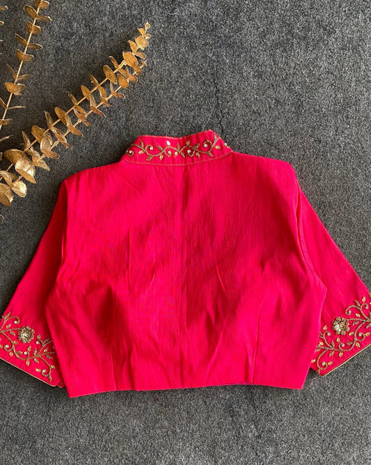 Rani Pink Silk Blouse with Embroidered High Neck & Keyhole Detail