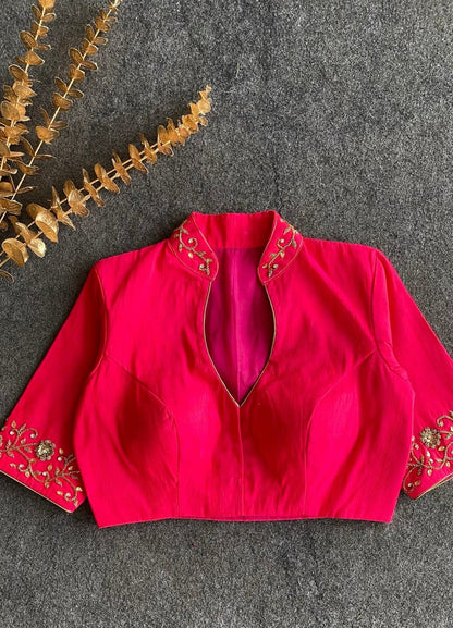 Rani Pink Silk Blouse with Embroidered High Neck & Keyhole Detail