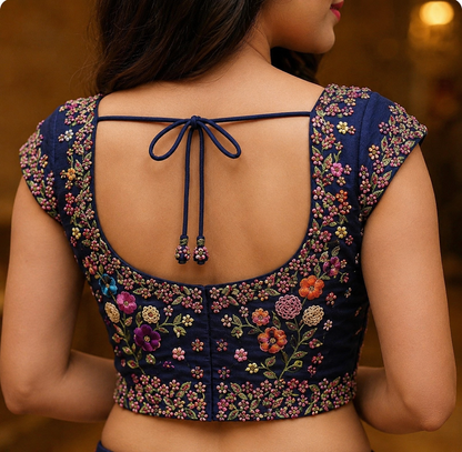 Navy Blue Floral Embroidered Designer Blouse
