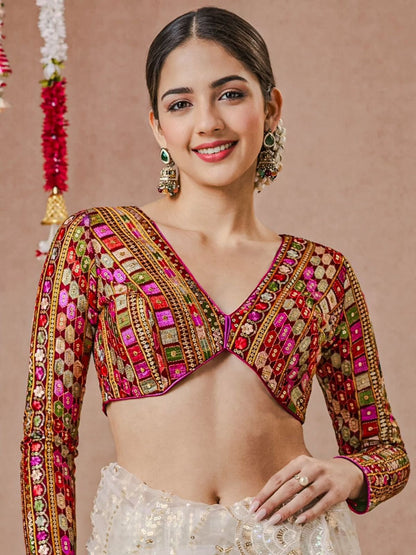Ruby Heritage Embroidered Backless Blouse with Keyhole Design