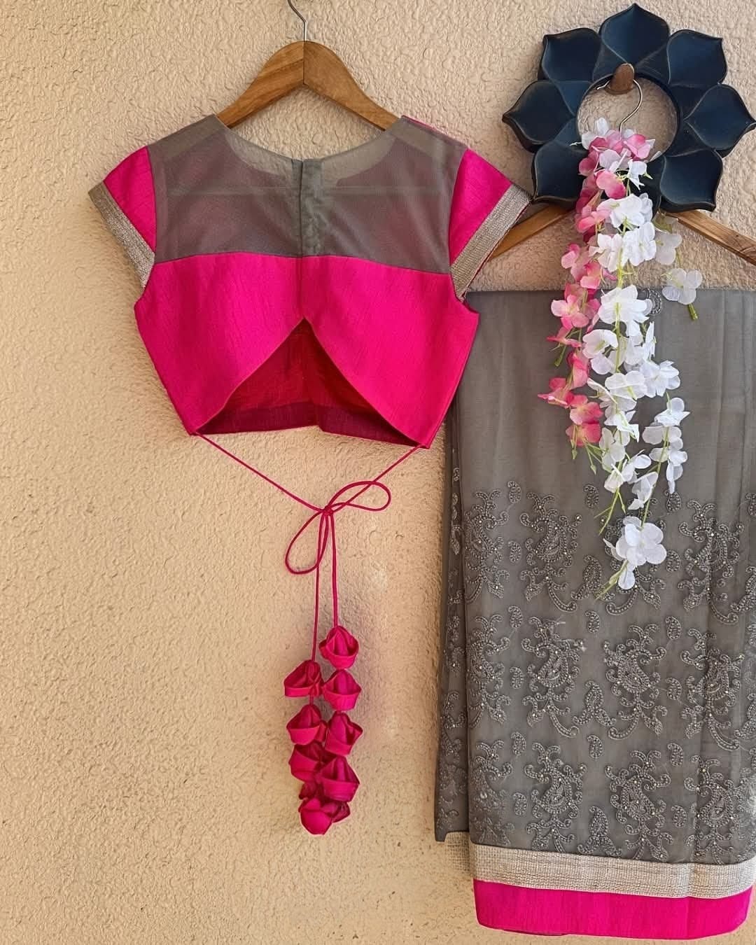 Rani Pink Silk Saree Blouse Designer V-Neck Readymade Blouse with Tassel Dori & Elbow Sleeves