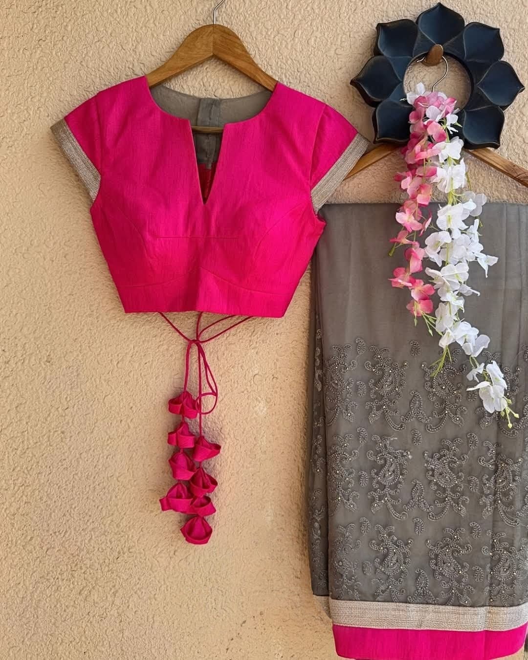 Rani Pink Silk Saree Blouse Designer V-Neck Readymade Blouse with Tassel Dori & Elbow Sleeves