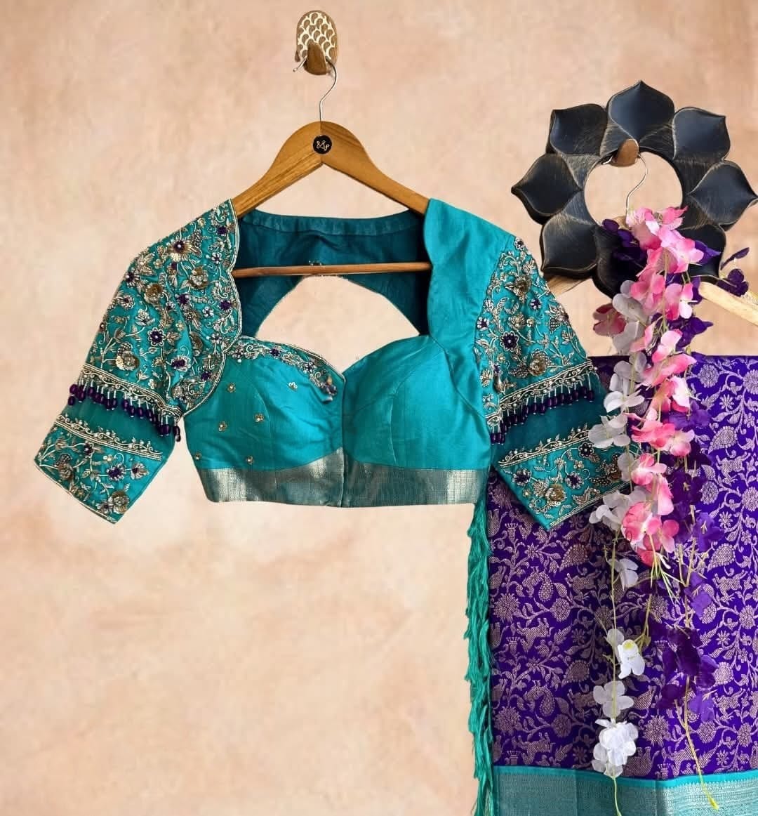 Heavy Embroidered Sleeve Saree Blouse with Cutout Back & Tassel Detailing