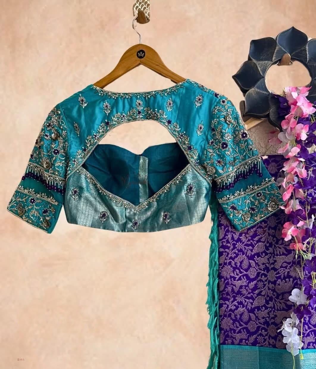 Heavy Embroidered Sleeve Saree Blouse with Cutout Back & Tassel Detailing