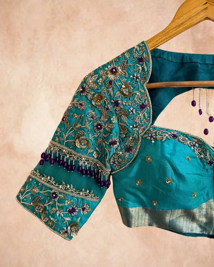 Heavy Embroidered Sleeve Saree Blouse with Cutout Back & Tassel Detailing