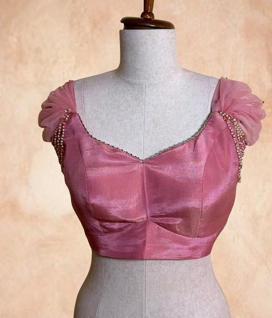 Pearl Embellished Organza Puff Sleeve Party Wear Saree Blouse
