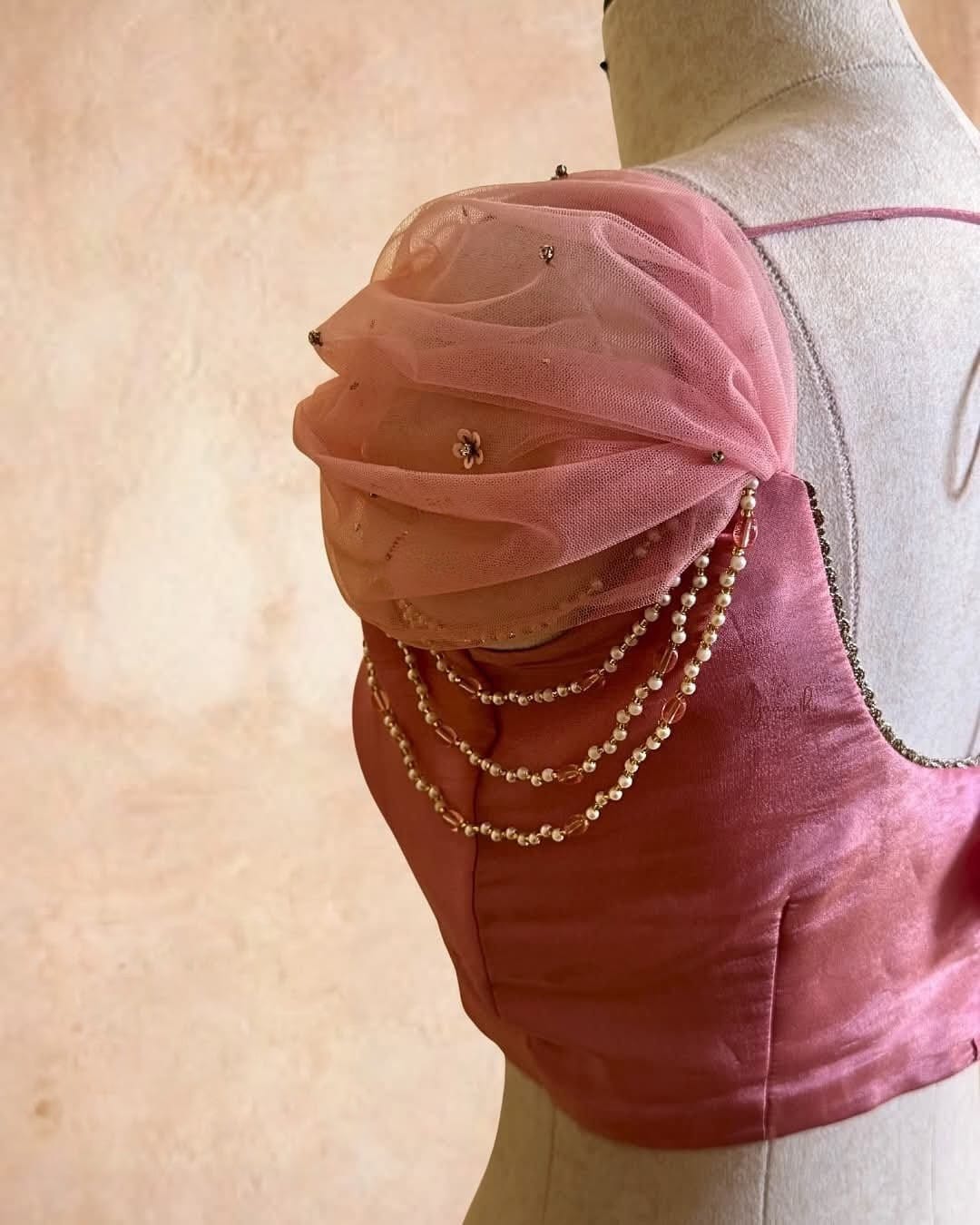 Pearl Embellished Organza Puff Sleeve Party Wear Saree Blouse
