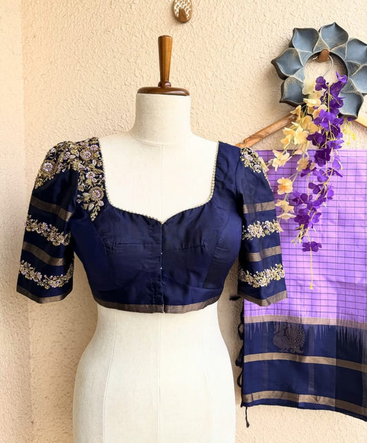 Floral Embroidered Sleeve Saree Blouse with Sweetheart Neck