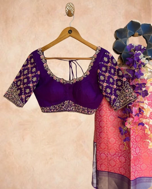 Heavy Floral Embroidered Saree Blouse with Round Neck & Dori Back