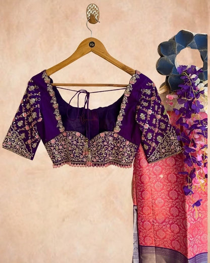 Heavy Floral Embroidered Saree Blouse with Round Neck & Dori Back