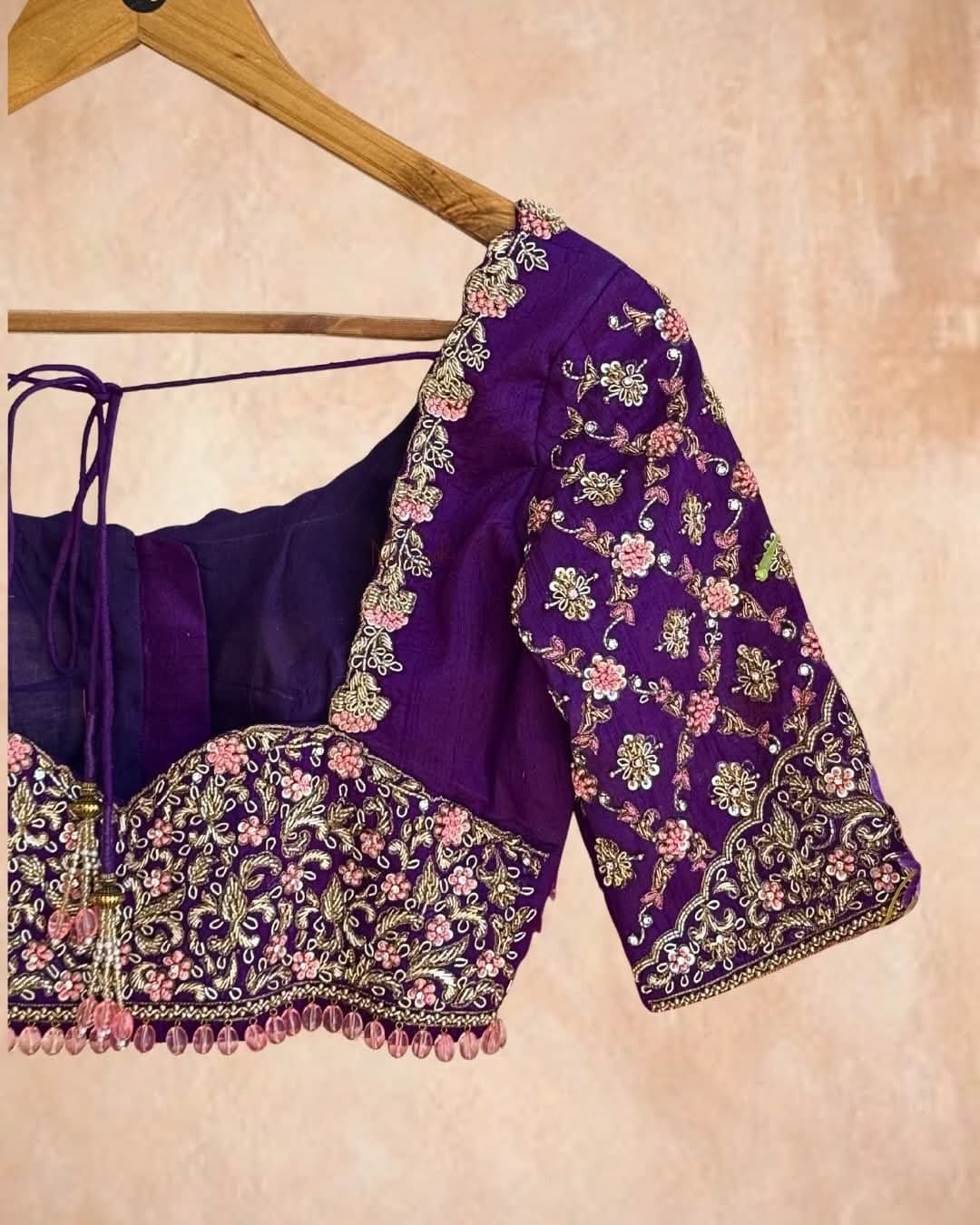 Heavy Floral Embroidered Saree Blouse with Round Neck & Dori Back