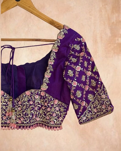 Heavy Floral Embroidered Saree Blouse with Round Neck & Dori Back