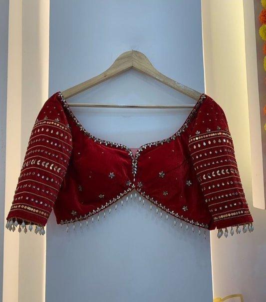 Bridal Red Velvet Blouse with Mirror Work & Pearl Drop Hem