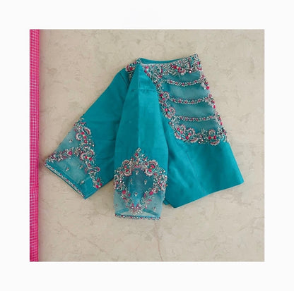 Turquoise Blue Designer Silk Blouse with Floral Hand Embroidery & Net Neck Design