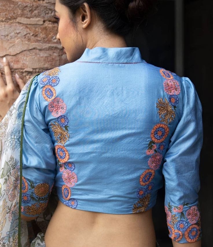 Powder Blue Floral Embroidered Mandarin Collar Blouse