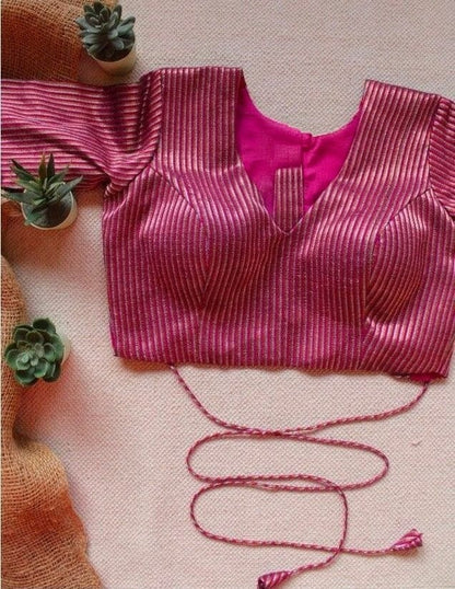 Magenta Striped Blouse with Keyhole Front & Tie-Up Back