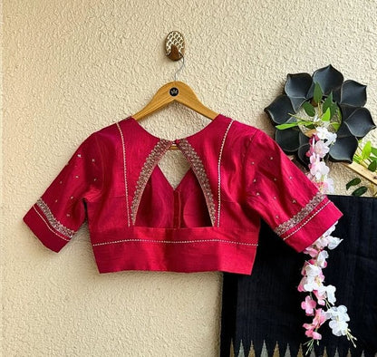 Rani Pink Blouse with Embellished V-Neck & Keyhole Back