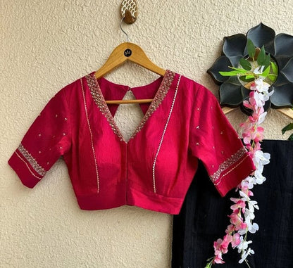 Rani Pink Blouse with Embellished V-Neck & Keyhole Back