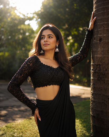 Black Designer Heavy Embroidered Deep Back Full Sleeve Blouse