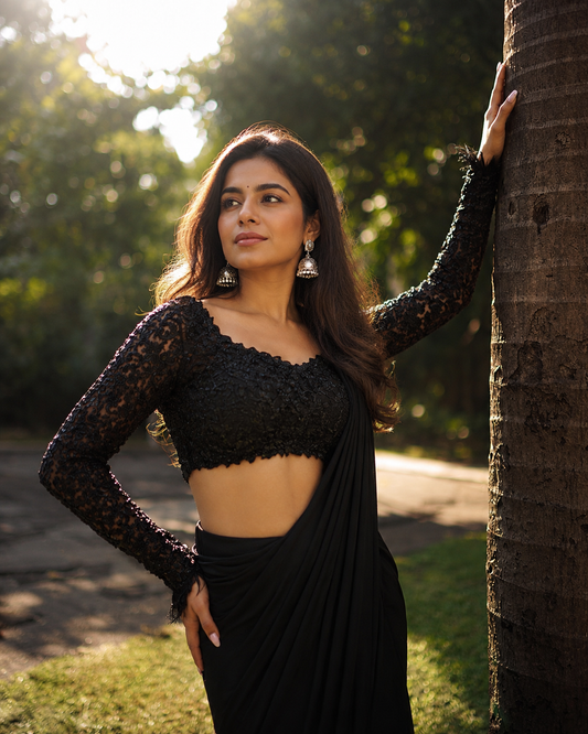 Black Designer Heavy Embroidered Deep Back Full Sleeve Blouse