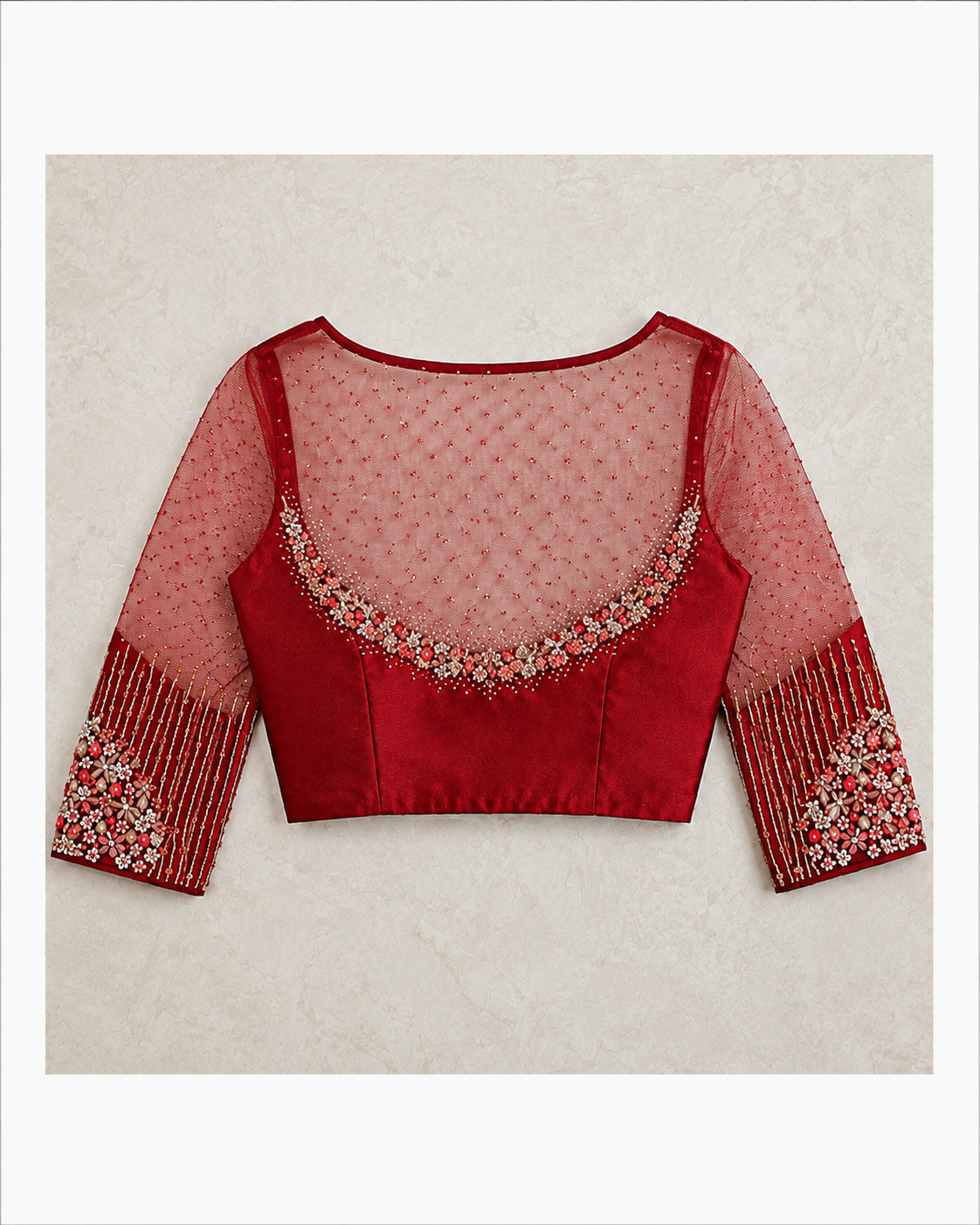 Designer Maroon Net Embroidered Readymade Blouse
