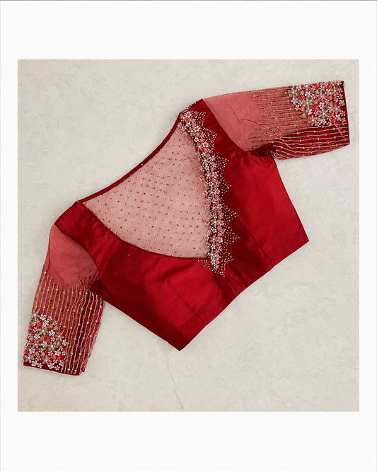 Designer Maroon Net Embroidered Readymade Blouse